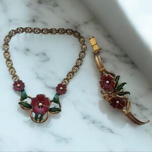 Antique Victorian Book Chain Necklace With Enameled Flowers & Matching Bracelet